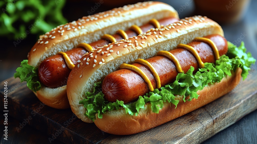 Classic hot dog with mustard and fresh lettuce for picnic or barbecue themes Classic hot dog with mustard and fresh lettuce for picnic or barbecue themes