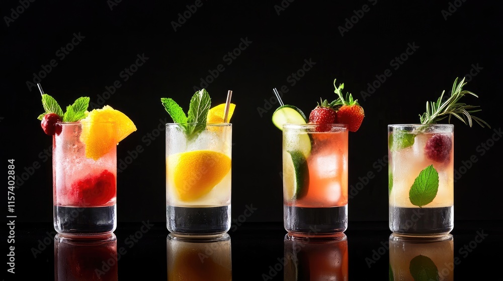 Creative Bartender Showcasing Colorful Cocktails with Fresh Ingredients Against a Dark Background Creative Bartender Showcasing Colorful Cocktails with Fresh Ingredients Against a Dark Background