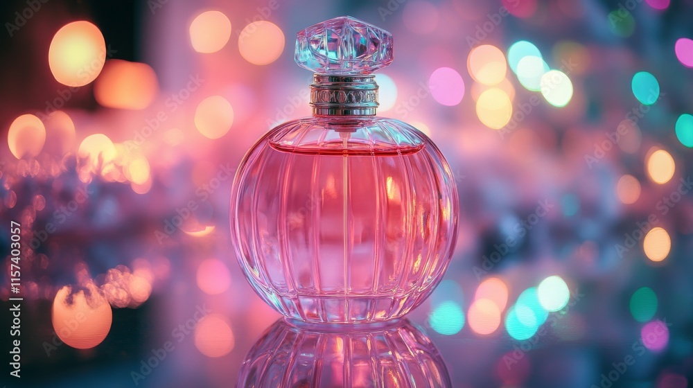 Elegant pink perfume bottle on reflective surface with colorful bokeh background Elegant pink perfume bottle on reflective surface with colorful bokeh background