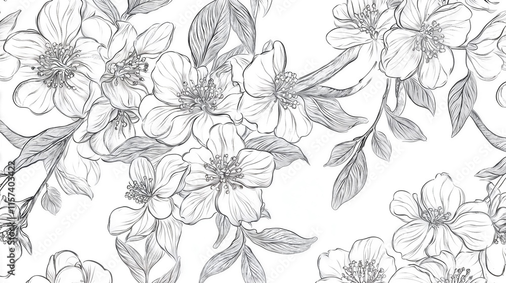 Fototapeta premium Detailed black and white line drawing of blooming flowers and leaves