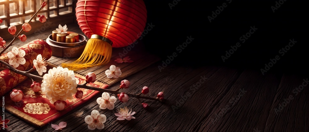 Naklejka premium Traditional red lantern on a rustic wooden table. pink flower plum blossoms, symbolizing good fortune, Chinese Lunar New Year celebration. banner free copy space.