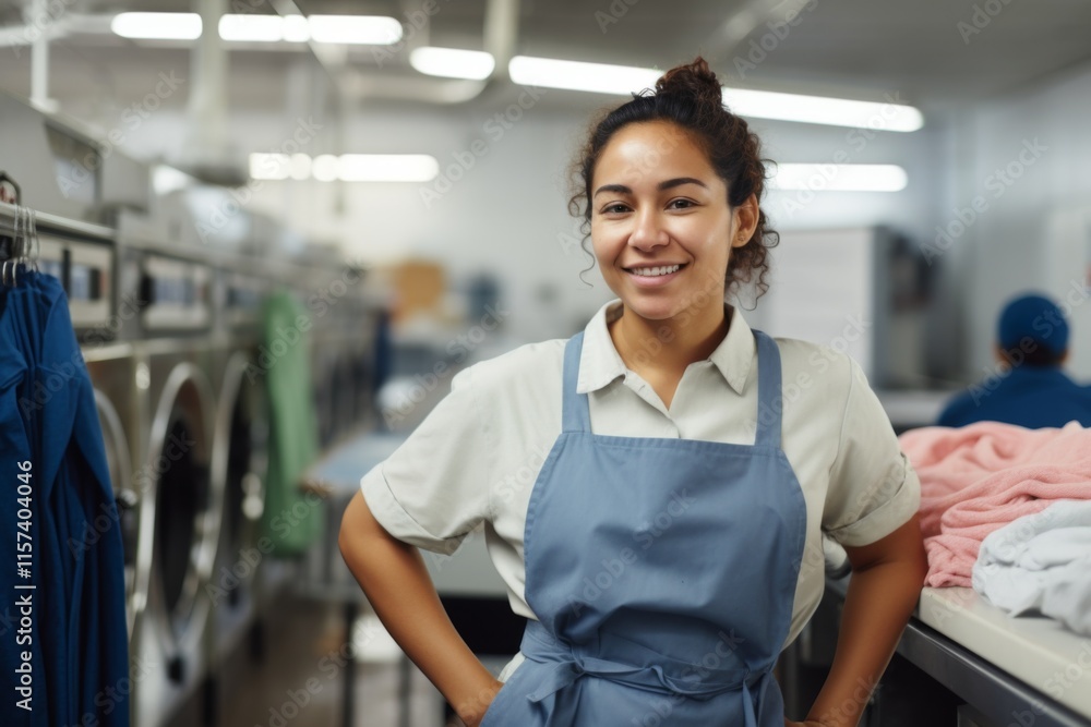 Portrait of a smiling Hispanic woman working at laundromat Portrait of a smiling Hispanic woman working at laundromat