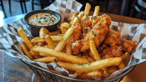 Crispy golden french fries served with chicken tenders and dipping sauce in a rustic basket on a wooden table photo