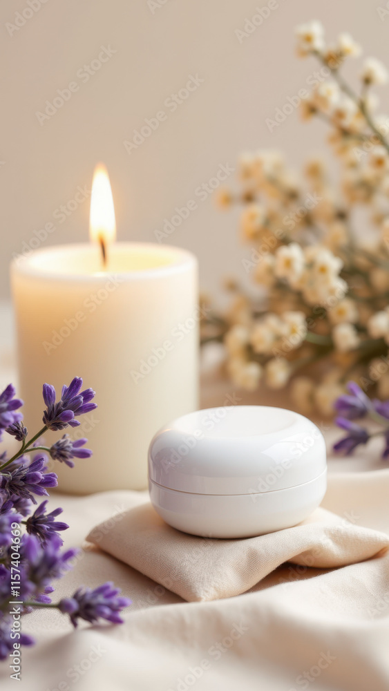 A relaxing scene featuring a white magnesium capsule alongside a candle and lavender flowers on a soft surface with a blurred background for tranquility. A relaxing scene featuring a white magnesium capsule alongside a candle and lavender flowers on a soft surface with a blurred background for tranquility.