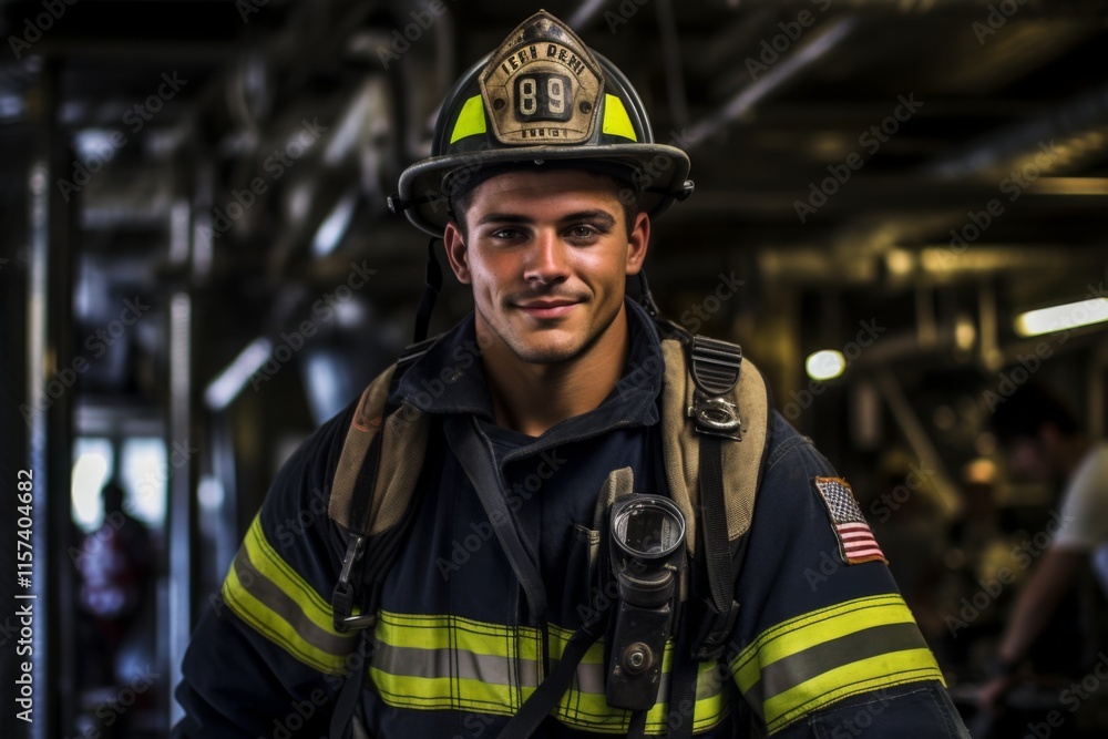 Portrait of a male fire fighter at fire station Portrait of a male fire fighter at fire station