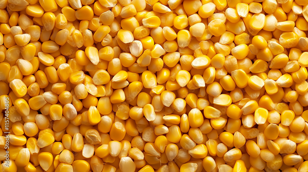 Bright yellow corn kernels spread across a surface, showcasing their rich color and texture in a close-up view Bright yellow corn kernels spread across a surface, showcasing their rich color and texture in a close-up view