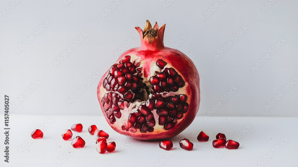 A photo of a pomegranate with a few seeds already burst open against a white background. A photo of a pomegranate with a few seeds already burst open against a white background.