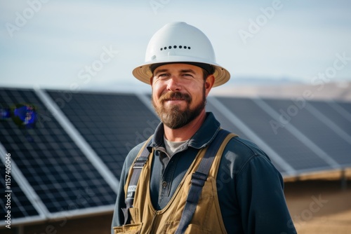 Portrait of a male technician next to solar panels