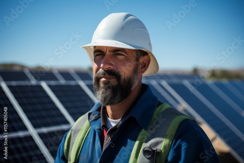 Portrait of a male technician next to solar panels