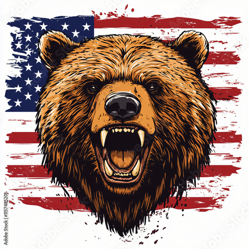 vector illustration of a fierce bear with the US flag in the background photo