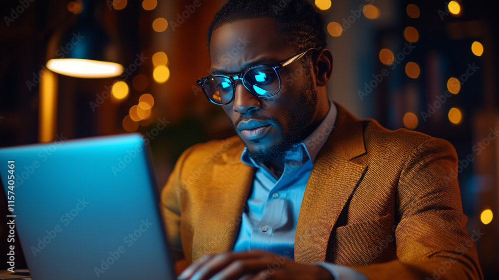 Disabled businessman working late on a laptop in a cozy workspace Disabled businessman working late on a laptop in a cozy workspace