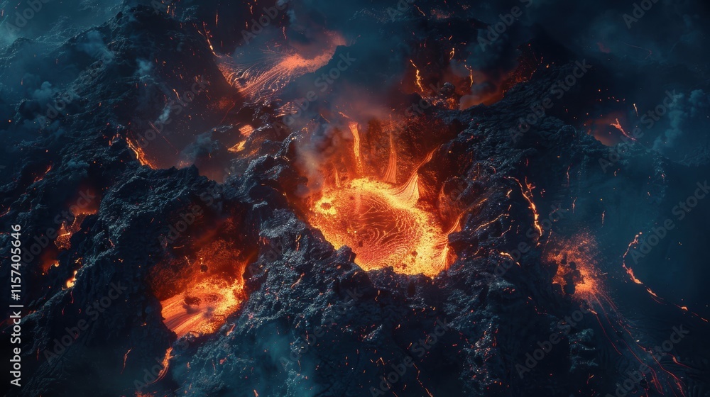 Fiery volcanic eruption spewing lava and thick ash into the sky. Fiery volcanic eruption spewing lava and thick ash into the sky.