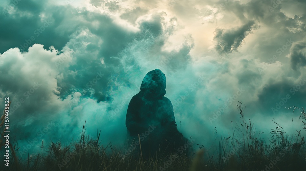 Mysterious Figure in Teal Smoke and Clouds Mysterious Figure in Teal Smoke and Clouds