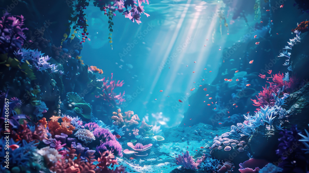 A magical underwater scene with sun rays breaking through the water surface, illuminating a vibrant coral reef A magical underwater scene with sun rays breaking through the water surface, illuminating a vibrant coral reef