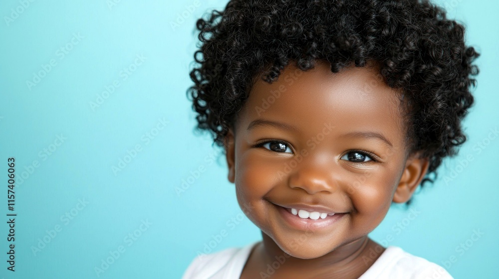 A joyful child with curly hair smiles against a blue background. A joyful child with curly hair smiles against a blue background.