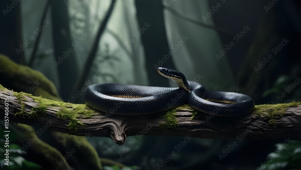 Fototapeta premium Serpentine Shadow: A black snake coils elegantly on a moss-covered branch in a dark, mysterious forest.