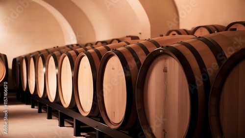 Rows of aged wine barrels in a dimly lit cellar, hinting at rich history and timeless tradition.  A captivating scene. photo