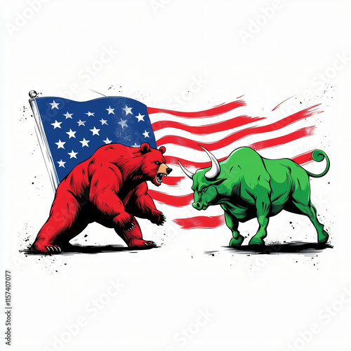 green bullish market versus red bear market, american US stock market illustration, bull and bear photo