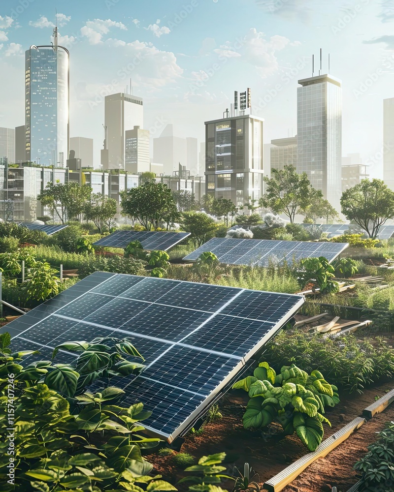 Fototapeta premium Solar panels and irrigation systems in a sustainable farm in the city , Urban Rooftop Solar Garden