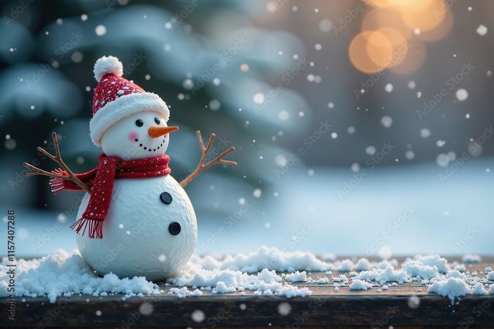 Fototapeta premium Small snowman on a wooden bench under snowflakes, snow, flakes