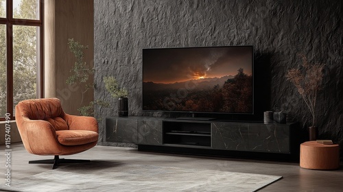 Modern minimalist living room with widescreen display and cozy armchair setup