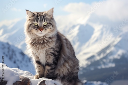 Portrait of a cute american curl cat isolated on snowy mountain range photo