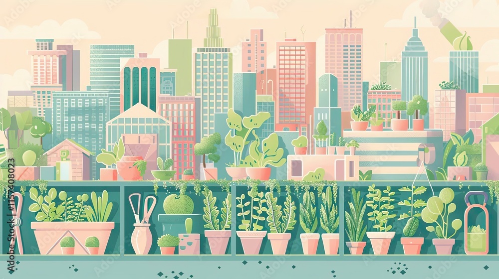 Sustainable Urban Farming poster with minimalist icons of tools, plants, and cityscapes in pastel palettes. Sustainable Urban Farming poster with minimalist icons of tools, plants, and cityscapes in pastel palettes.