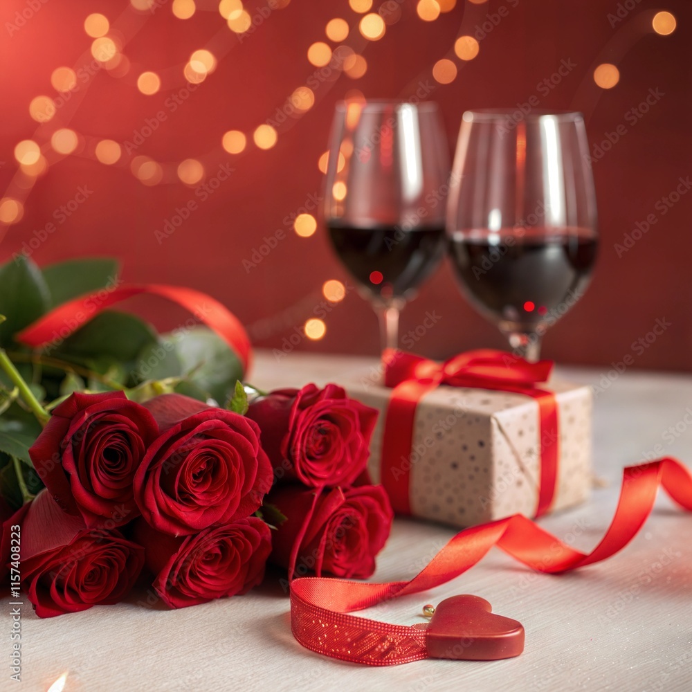Romantic setting with roses, wine glasses, and gift box Romantic setting with roses, wine glasses, and gift box