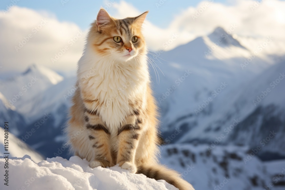 Portrait of a cute american curl cat in snowy mountain range