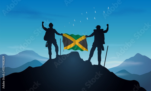 Jamaica flag, silhouette of a man holding a flag as a sign of success in reaching the top of the mountain against a clear sky background. Vector Illustrator