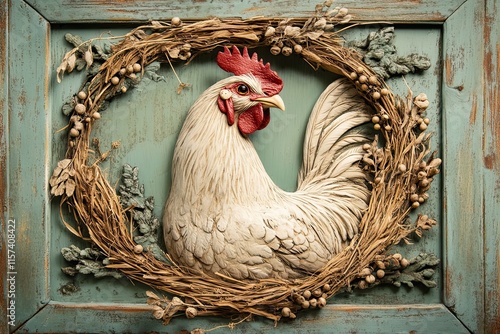 White Rooster Decorated In Dried Floral Wreath photo