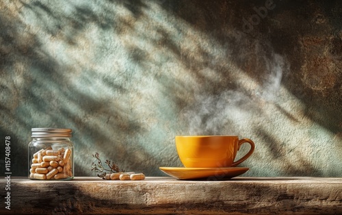 A serene image of a cup of herbal tea and a jar of organic supplements, set against a backdrop of natural textures like wood and stone. photo