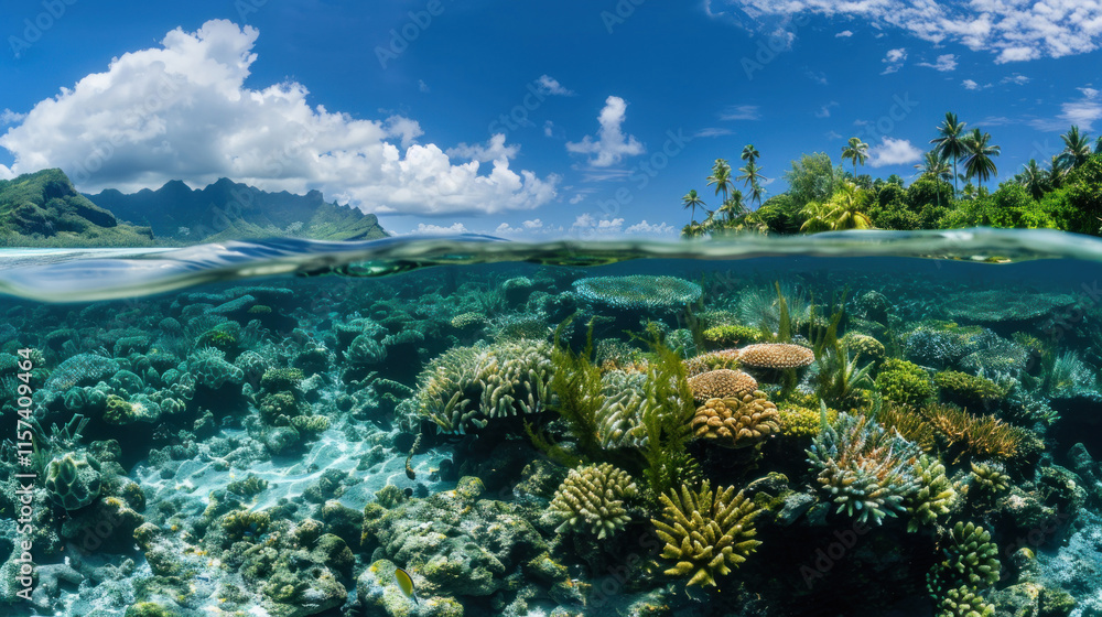 A panoramic underwater view of aquatic plants thriving in crystal-clear tropical waters A panoramic underwater view of aquatic plants thriving in crystal-clear tropical waters