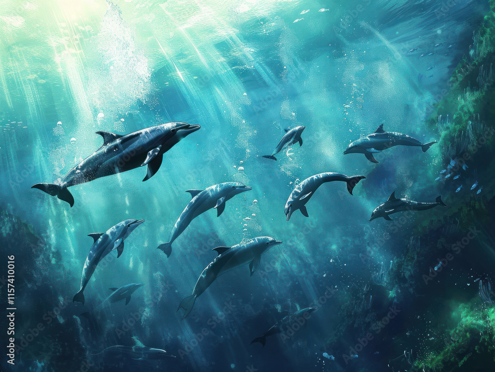 Obraz premium A peaceful freediving scene with the diver swimming gracefully alongside a pod of dolphins