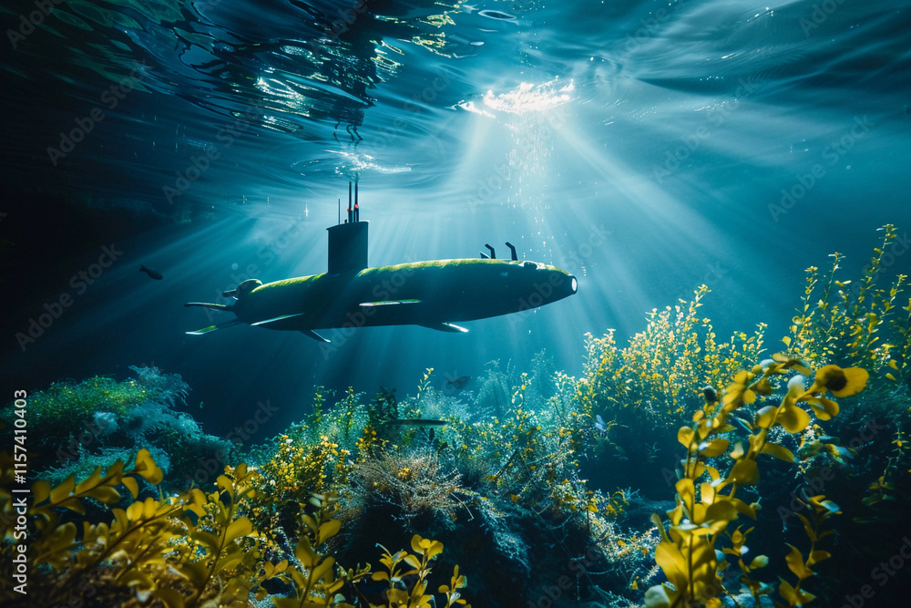 Fototapeta premium Beautiful large bathyscaphe floating in middle of deep ocean during exploration, abstract vivid composition consists of fictional unreal fantastic vision on background