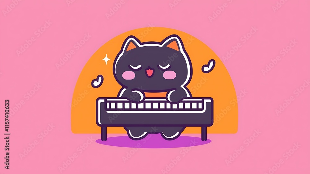 Cute black cat playing piano, musical notes, happy expression, orange background. Cute black cat playing piano, musical notes, happy expression, orange background.
