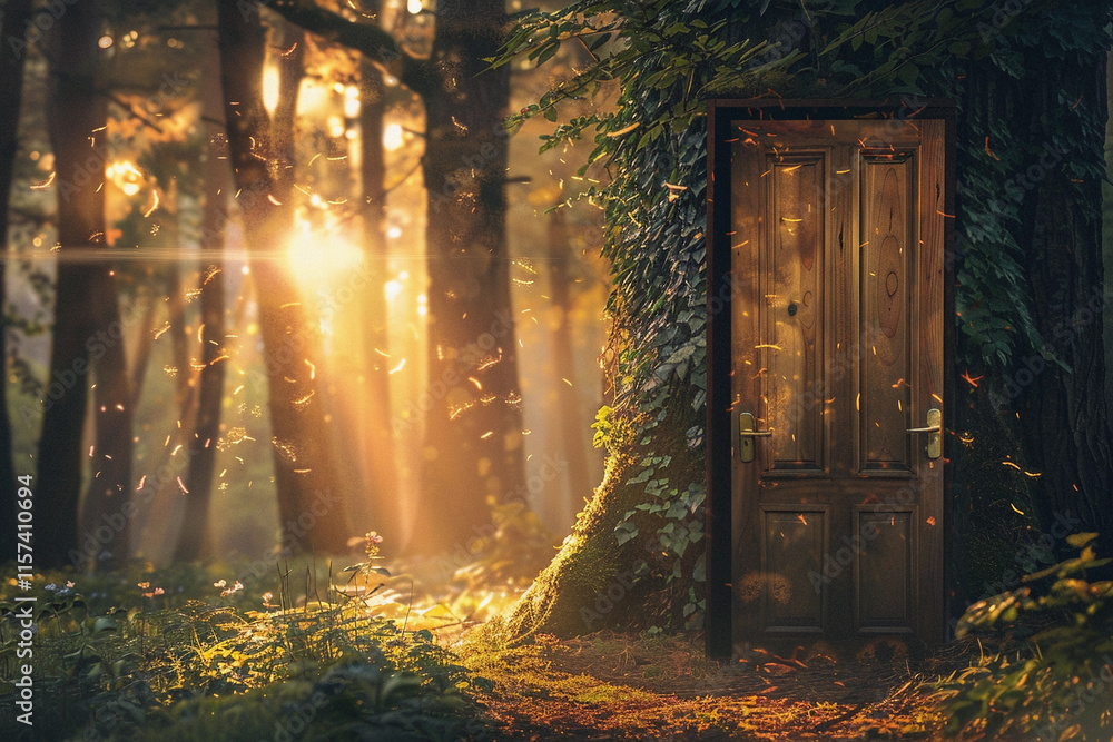 Fantastically beautiful door in wild forest leading to deep unknown, abstract vivid composition consists of fictional unreal fantastic vision on background Fantastically beautiful door in wild forest leading to deep unknown, abstract vivid composition consists of fictional unreal fantastic vision on background