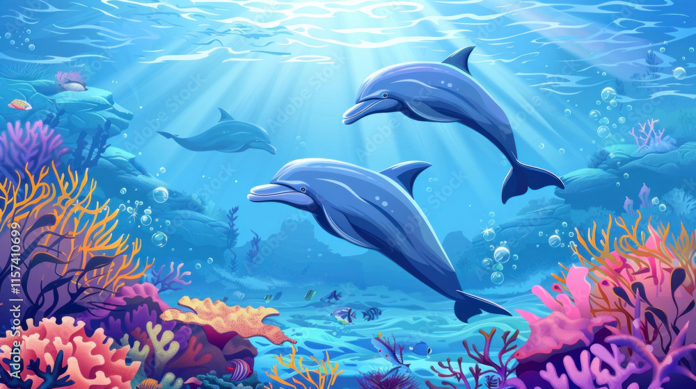A playful group of dolphins swimming near the ocean surface with coral reefs below A playful group of dolphins swimming near the ocean surface with coral reefs below
