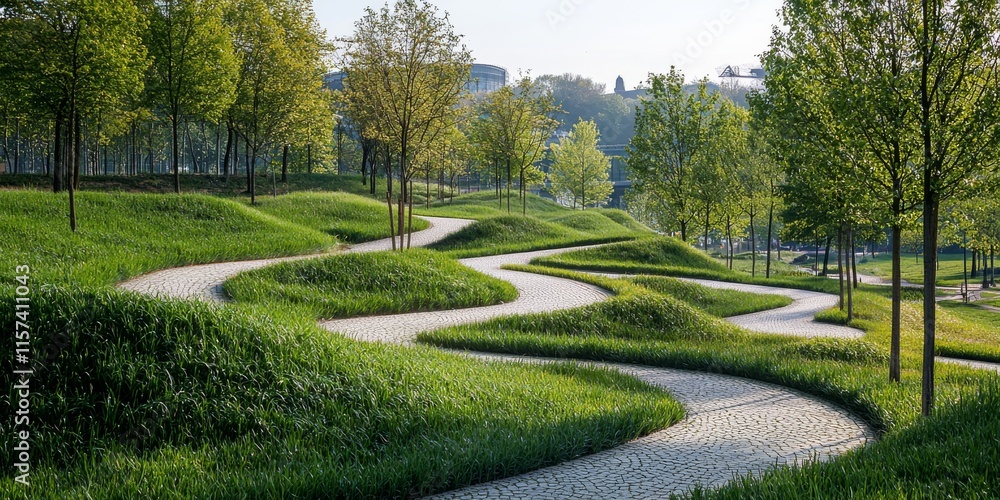 A serene landscape featuring a winding pathway through lush greenery and trees, inviting exploration and tranquility. A serene landscape featuring a winding pathway through lush greenery and trees, inviting exploration and tranquility.