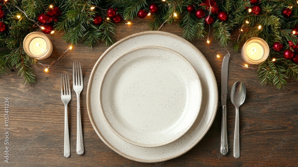 A festive dining setting with a simple plate, cutlery, candles, and holiday greenery, creating a warm, inviting atmosphere. A festive dining setting with a simple plate, cutlery, candles, and holiday greenery, creating a warm, inviting atmosphere.