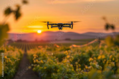 Drone flying in sky over beautiful natural nature during observation from top, abstract vivid composition consists of fictional unreal fantastic vision on background