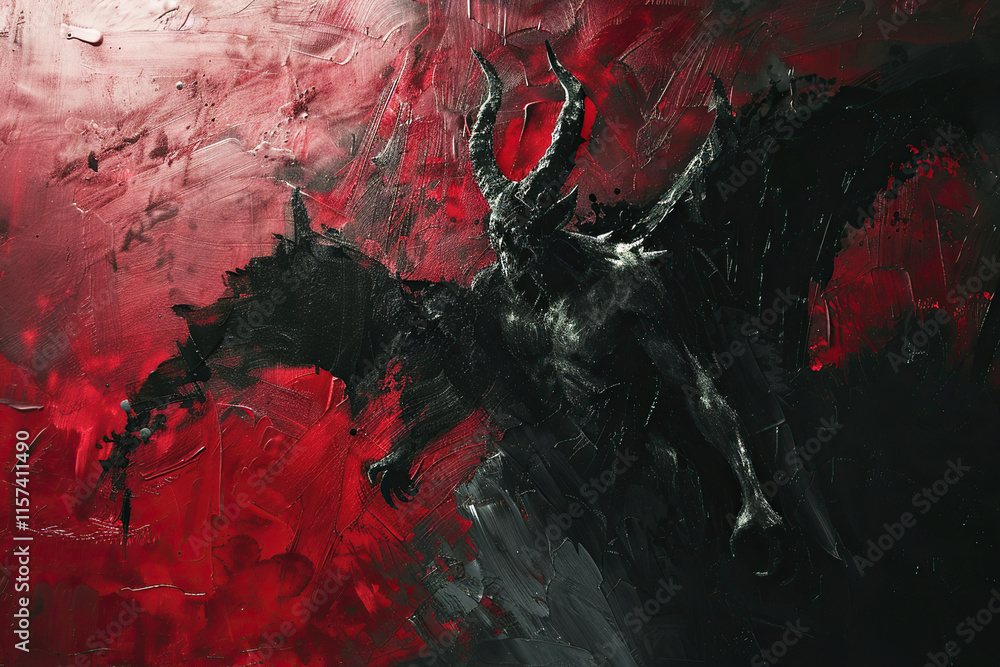Scary sinister devil is in hell with dramatic bright fire lighting, abstract vivid composition consists of fictional unreal fantastic vision on background Scary sinister devil is in hell with dramatic bright fire lighting, abstract vivid composition consists of fictional unreal fantastic vision on background