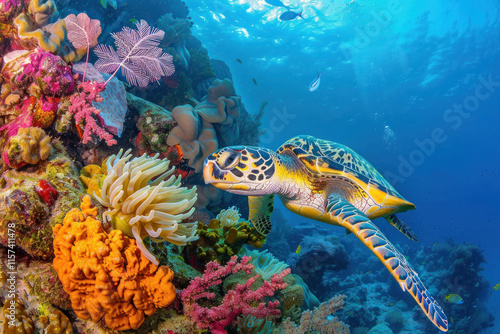A reefscape showcasing a sea turtle swimming through a coral forest with vibrant anemones and swaying sea fans