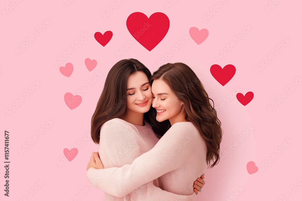 Celebrating friendship with heart symbols and warm embraces in a playful atmosphere Celebrating friendship with heart symbols and warm embraces in a playful atmosphere