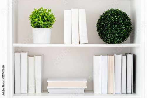 white built-in bookcase with organized books and plants photo