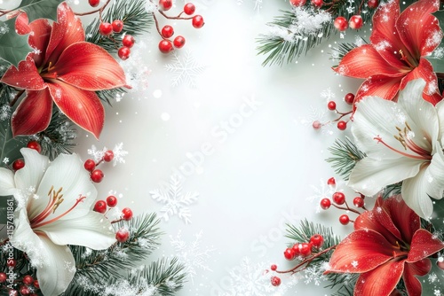 Festive Christmas Frame with Beautiful Red and White Flowers, Berries, and Winter Snowflakes for a Vibrant Holiday Decoration photo