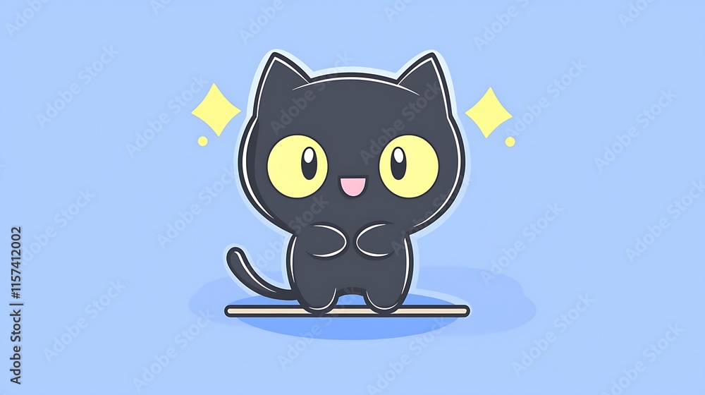 Obraz premium Cute cartoon black cat with big eyes, standing on a small platform against a light blue background.