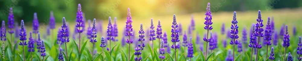 Tall spikes of blue-purple flowers blooming in a field, herb garden, salvia species Tall spikes of blue-purple flowers blooming in a field, herb garden, salvia species