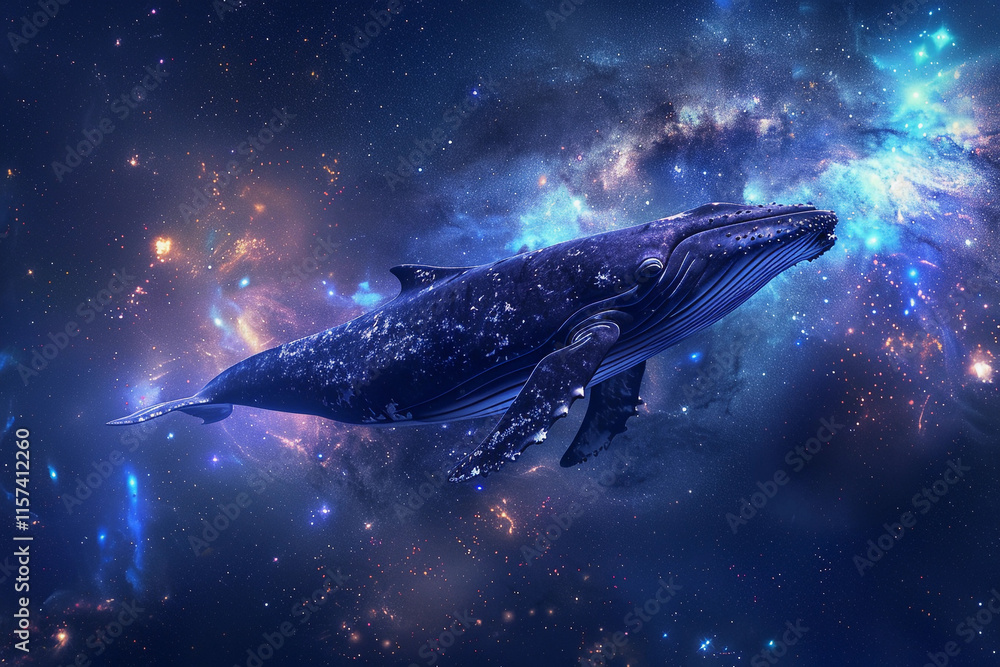 Naklejka premium Fantastically beautiful majestic huge whale in deep blue ocean, abstract vivid composition consists of fictional unreal fantastic vision on background
