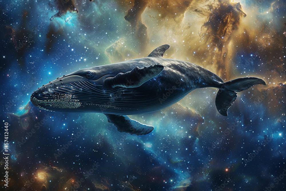 Fototapeta premium Fantastically beautiful majestic huge whale in deep blue ocean, abstract vivid composition consists of fictional unreal fantastic vision on background